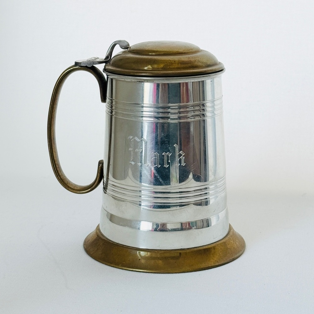 Vintage English Pewter Tankard with Brass Mounts – Lidded Beer Stein